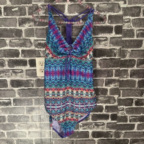 PrAna One Piece Swimsuit INEZ Aquabloom Purple Macrame UPF 50 - Picture 3 of 15